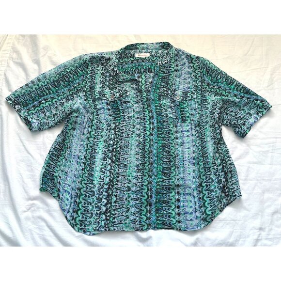 Two by Vince Camuto Size 2X Shirt Top Abstract Print Green Blue Semi Sheer - Picture 8 of 9